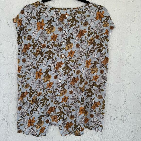 CYNTHIA ROWLEY Linen Floral Tee Large Button Down Back Short Sleeve Boho - Picture 5 of 8